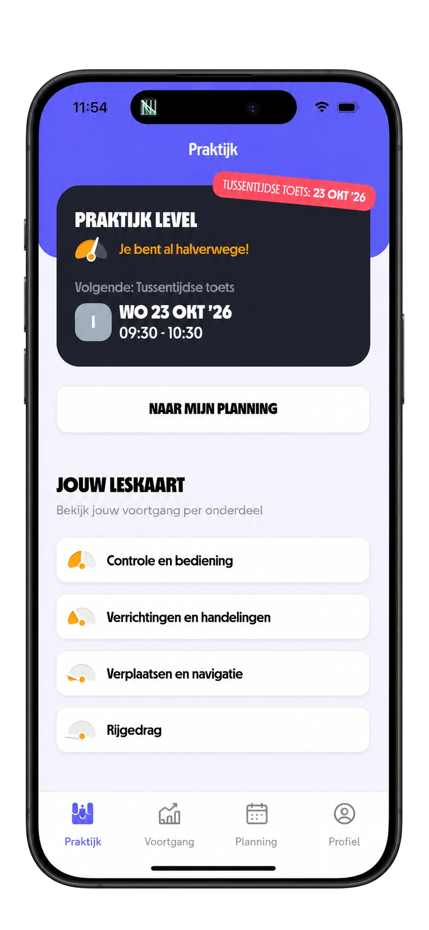 Praktijk leskaart in de On My Way app van rijschool Leiden met praktijk level, tussentijdse toets en voortgang per onderdeel (controle en bediening, verrichtingen, navigatie, rijgedrag)