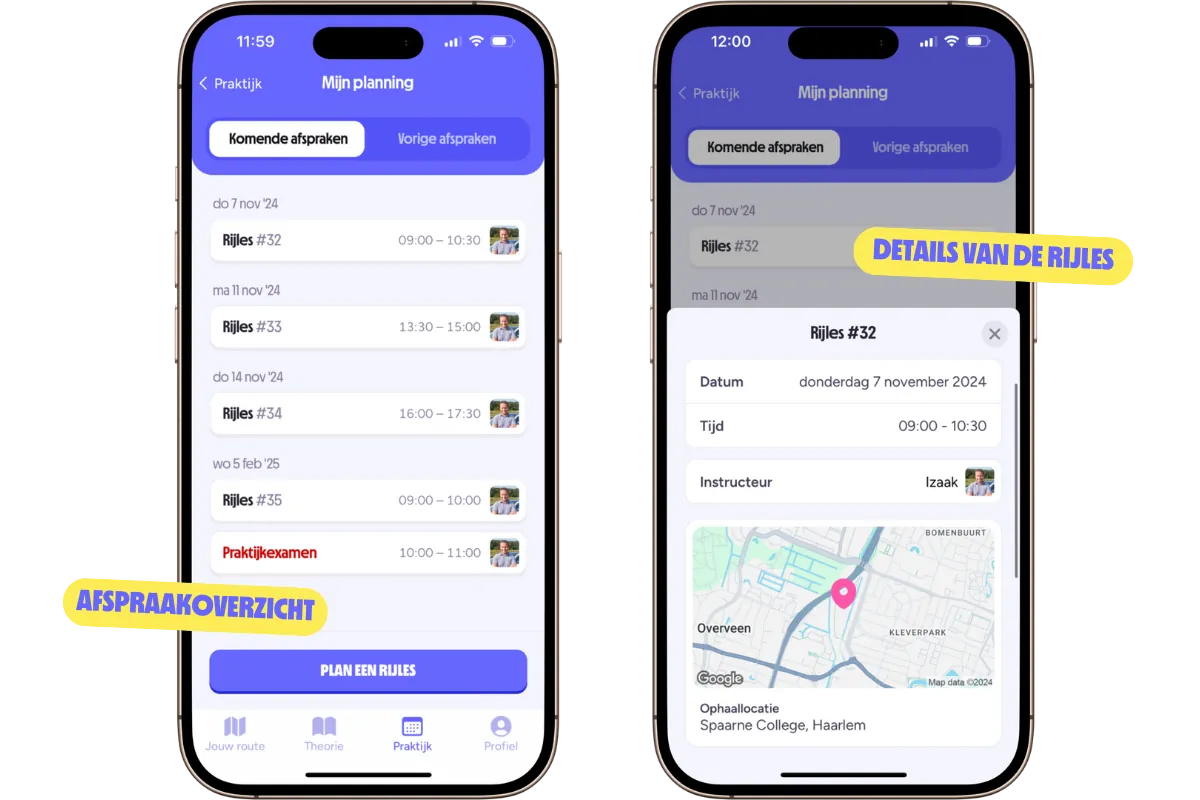 Lesplanning rijschool Leiden in de leerlingapp